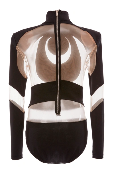 Shop Balmain Sheer-inset Circle-paneled Knit Bodysuit In Black