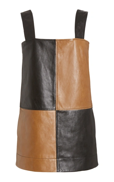 Shop Ganni Two-tone Leather Mini Dress In Brown