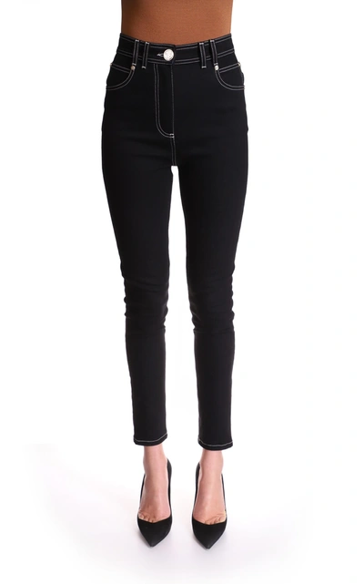 Shop Balmain Women's Top-stitched Stretch High-rise Skinny Jeans In Black