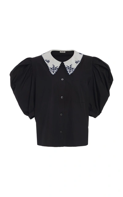 Shop Miu Miu Embroidered Collar Button Down Top In Black