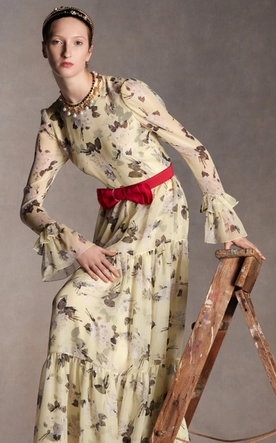 Shop Erdem Alvaro Tiered Floral-print Silk Voile Gown In Yellow