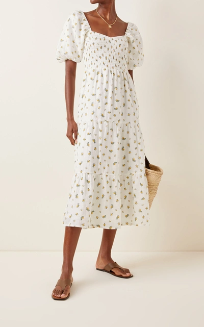 Shop Faithfull The Brand Gianna Floral Print Linen Midi Dress In White