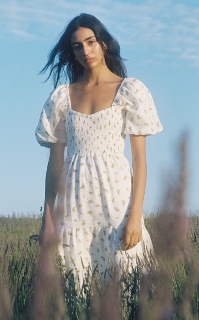 Shop Faithfull The Brand Gianna Floral Print Linen Midi Dress In White