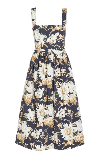 Shop Oscar De La Renta Flora-print Pleated Cotton-blend Dress In Multi
