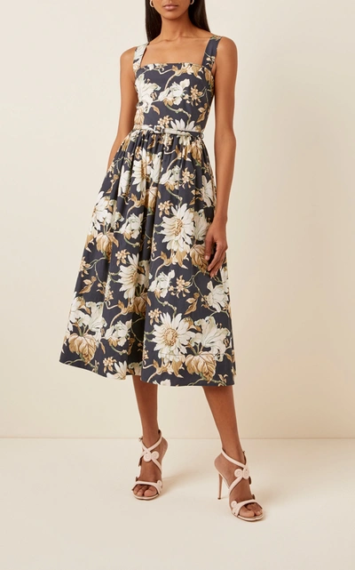 Shop Oscar De La Renta Flora-print Pleated Cotton-blend Dress In Multi