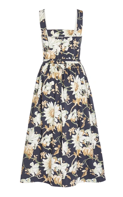 Shop Oscar De La Renta Flora-print Pleated Cotton-blend Dress In Multi