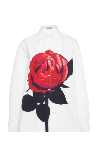 Shop Prada Floral-print Cotton-poplin Shirt In White