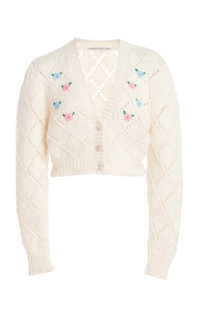 Shop Alessandra Rich Floral-embroidered Alpaca-blend Cropped Cardigan In White