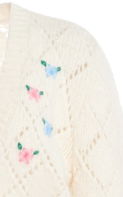 Shop Alessandra Rich Floral-embroidered Alpaca-blend Cropped Cardigan In White