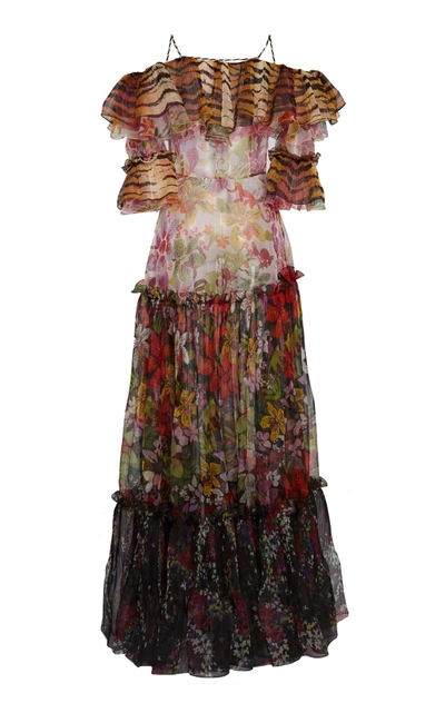 Shop Dundas Ruffled Printed Organza Maxi Dress In Multi