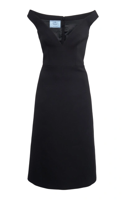 Shop Prada Off-the-shoulder Gabardine Midi Dress In Black