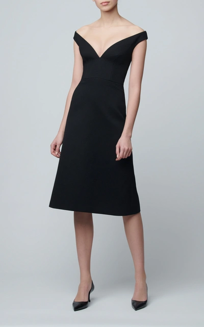 Shop Prada Off-the-shoulder Gabardine Midi Dress In Black