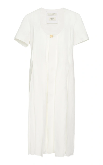 Shop Bottega Veneta Pleated Linen Midi Dress In White