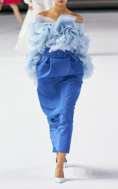 Shop Carolina Herrera Pearl Embellished Ruffled Silk Blouse In Blue