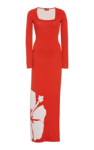 Shop Staud Carota Hibiscus Jacquard Midi Dress In Red