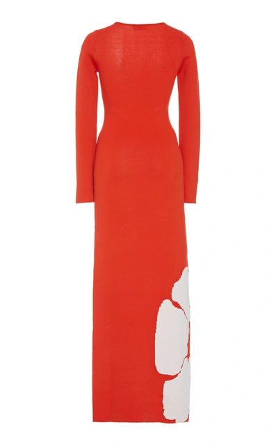 Shop Staud Carota Hibiscus Jacquard Midi Dress In Red