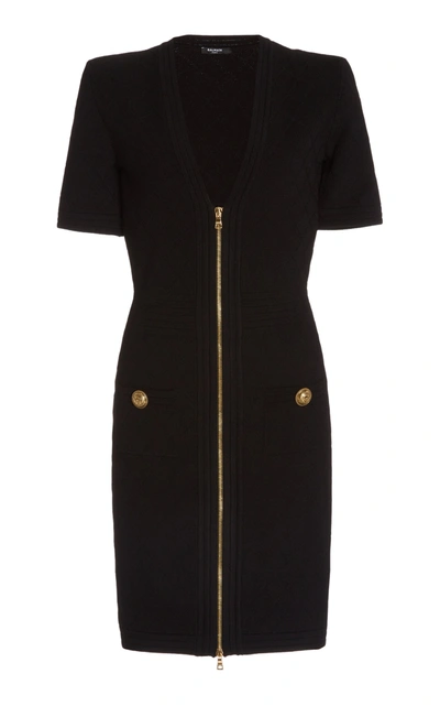 Shop Balmain V-neck Zip-front Crepe Mini Dress In Black