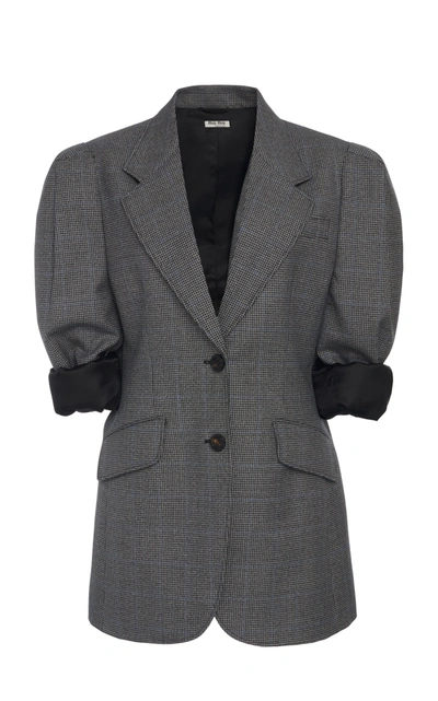 Shop Miu Miu Puff-sleeve Checked Wool Blazer In Grey