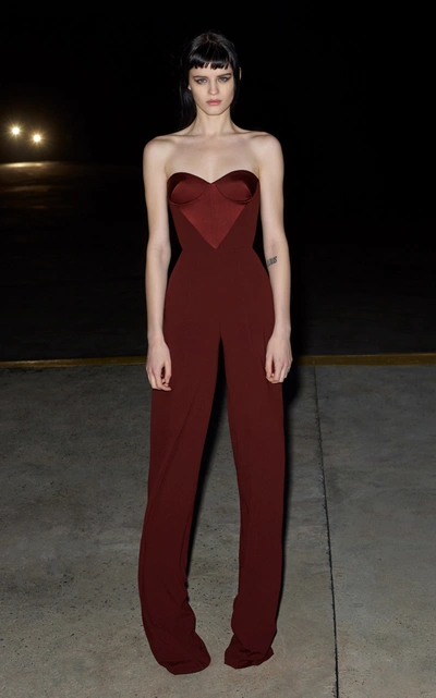 Shop Alex Perry Brooke Satin-detailed Crepe Strapless Jumpsuit In Burgundy