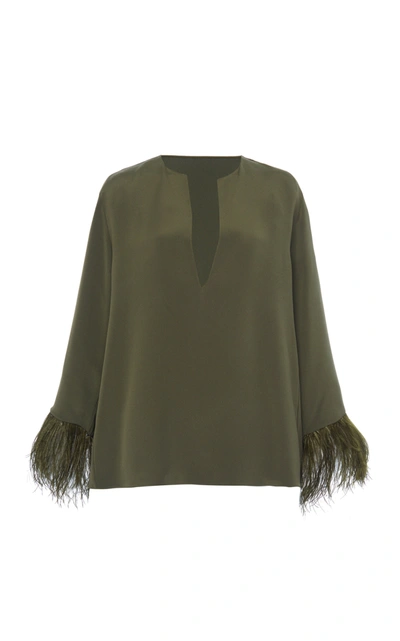 Shop Valentino Women's Feather-trimmed Silk Cady Top In Green