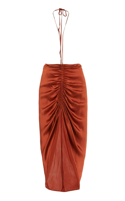 Shop Dion Lee Ruched Satin Skirt In Brown