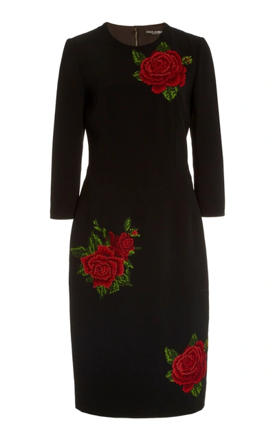 Shop Dolce & Gabbana Women's Rose-embroidered Crepe Midi Sheath Dress In Print