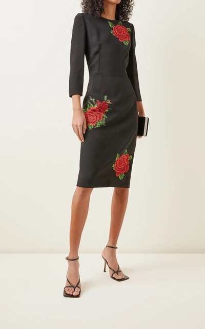 Shop Dolce & Gabbana Women's Rose-embroidered Crepe Midi Sheath Dress In Print