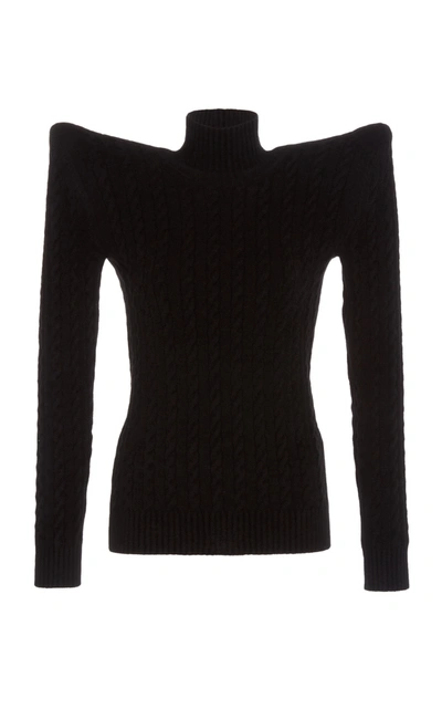 Shop Balenciaga Women's Bold-shoulder Cable-knit Velvet Turtleneck Sweater In Black