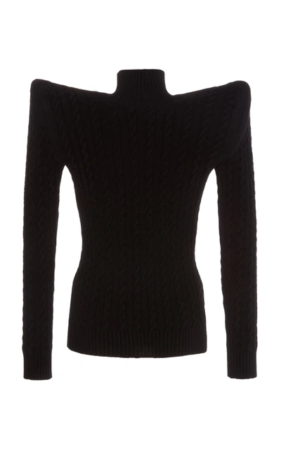 Shop Balenciaga Women's Bold-shoulder Cable-knit Velvet Turtleneck Sweater In Black