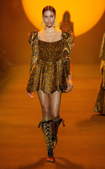 Shop Raisa Vanessa Puffed-sleeve Velvet Mini Dress In Brown