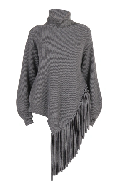 Shop Stella Mccartney Asymmetric Fringed Cashmere-blend Turtleneck Sweater In Grey