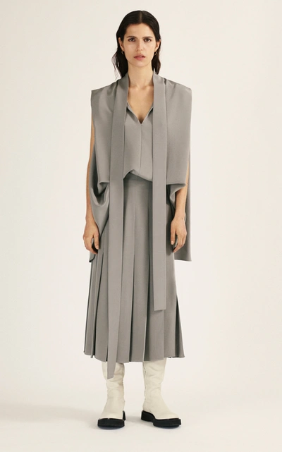 Shop Joseph Saria Pleated Silk Crepe Midi Skirt In Grey