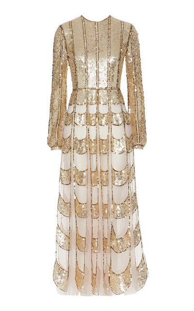 Shop Valentino Women's Sequined Tulle Gown In Gold