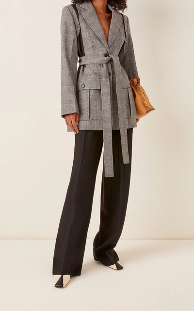 Shop Jw Anderson Belted Checked Patchwork Wool-blend Jacket In Grey