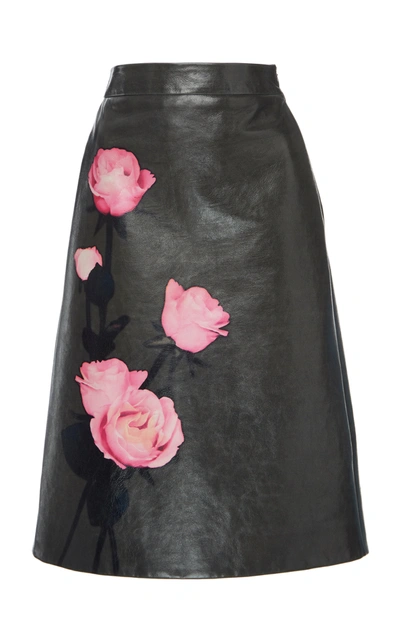 Shop Prada Floral-print Leather Skirt In Black