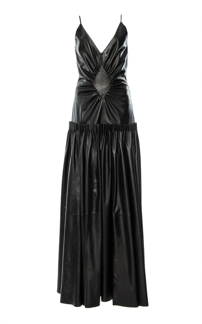 Shop Loewe Gathered Leather-blend Maxi Dress In Black