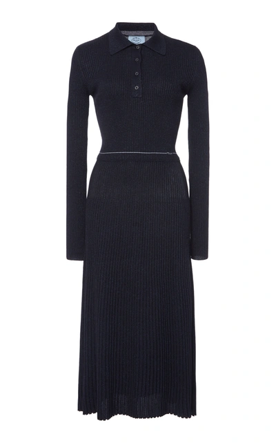 Shop Prada Wool-blend Lurex Midi Dress In Navy