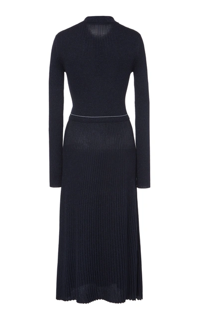 Shop Prada Wool-blend Lurex Midi Dress In Navy
