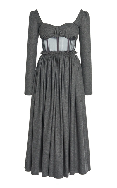 Shop Rosie Assoulin Organza-detailed Wool-cotton Midi Dress In Grey
