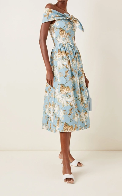 Shop Oscar De La Renta Women's Bow-accented Floral-print Stretch-cotton Dress In Blue