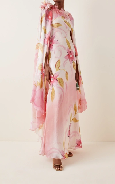 Shop Rodarte Women's Appliquã©d Cape-effect Hand-painted Silk Gown In Pink