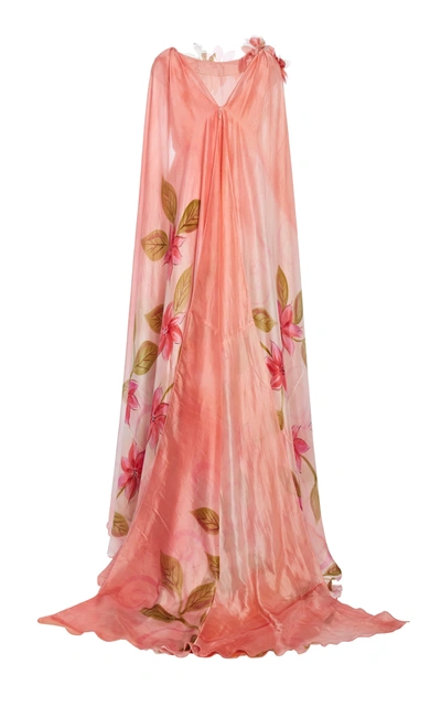 Shop Rodarte Women's Appliquã©d Cape-effect Hand-painted Silk Gown In Pink