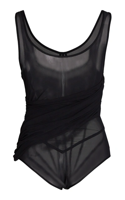 Shop David Koma Women's Asymmetric Draped Mesh Bodysuit In Black,neutral