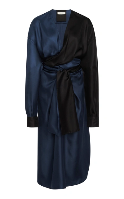 Shop Bottega Veneta Two-tone Silk-twill Midi Wrap Dress In Blue
