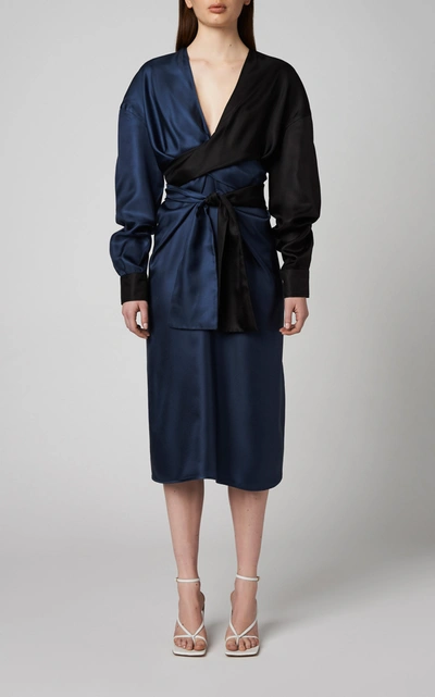 Shop Bottega Veneta Two-tone Silk-twill Midi Wrap Dress In Blue