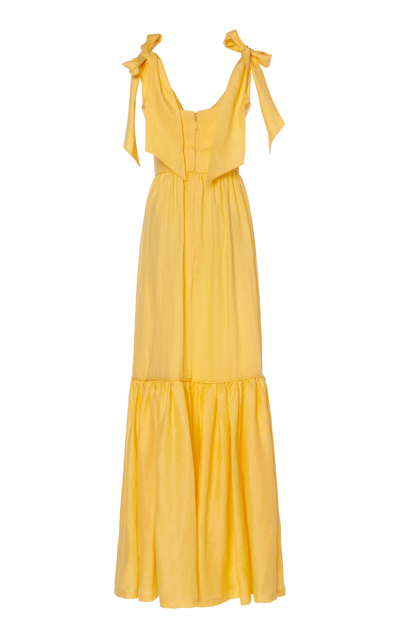 Shop Costarellos Tie-front Cut-out Linen Maxi Dress In Yellow