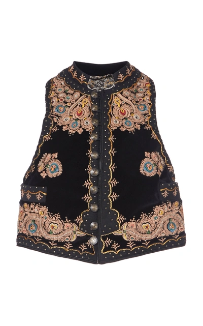 Shop Etro Embroidered Studded Cotton-velvet Vest In Black