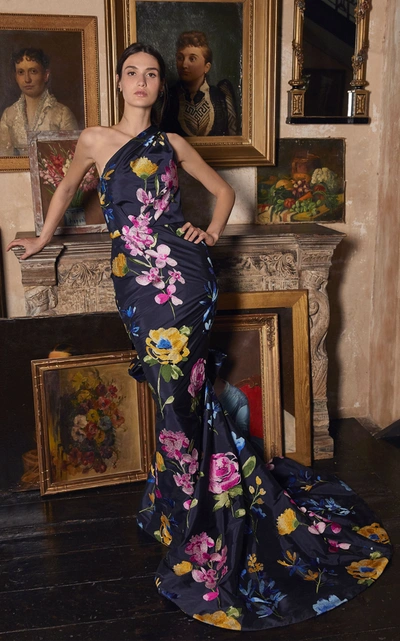 Shop Marchesa Bow-embellished Floral-print Taffeta Gown In Navy