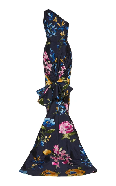 Shop Marchesa Bow-embellished Floral-print Taffeta Gown In Navy