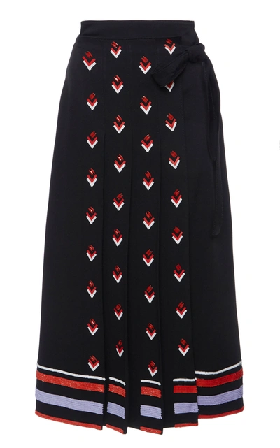 Shop Valentino Pleated Logo-beaded Cady Midi Wrap Skirt In Print